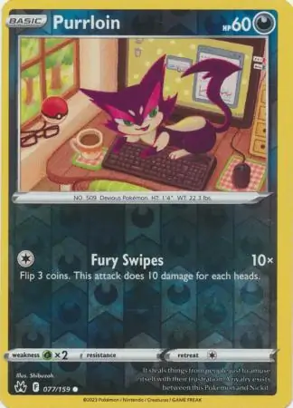 Purrloin Crown Zenith 077/159 Common Reverse Holo