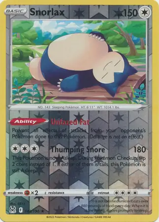 143/196 Snorlax LOR Rare Holo Reverse Holo