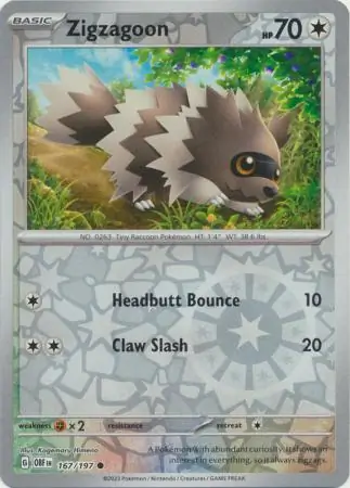Zigzagoon Obsidian Flames 167/197 Common Reverse Holo