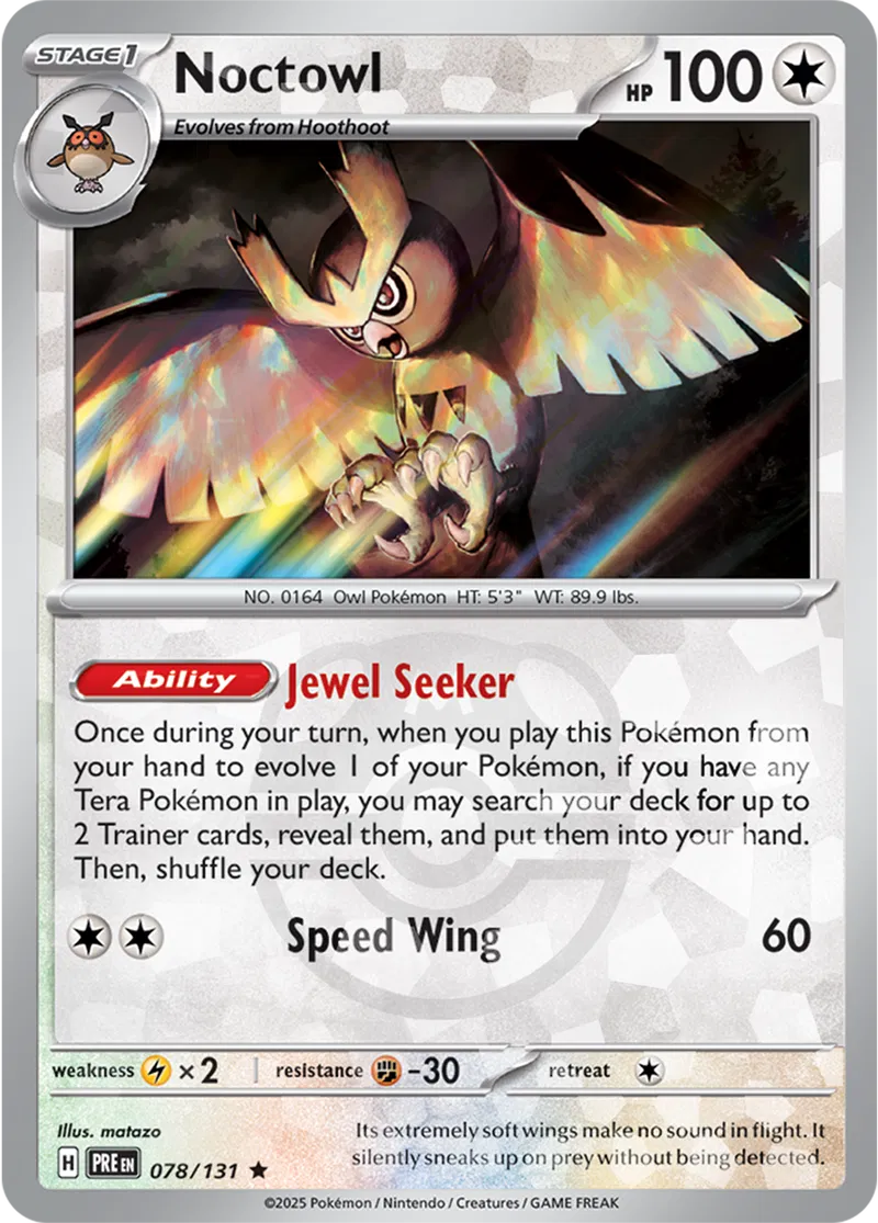 Noctowl Prismatic Evolutions 078/131 Rare Master ball Holo
