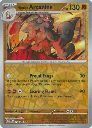 100/167 Hisuian Arcanine TWM Rare Reverse Holo