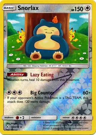 158/214 Snorlax UNB Rare Holo Reverse Holo
