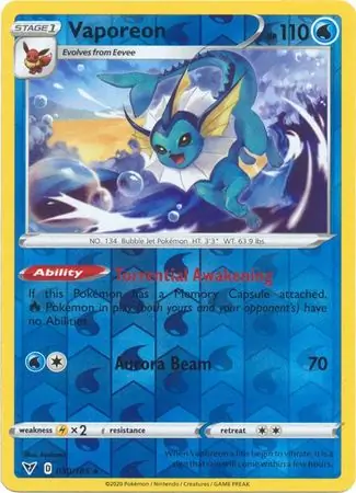 030/185 Vaporeon VIV Rare Reverse Holo