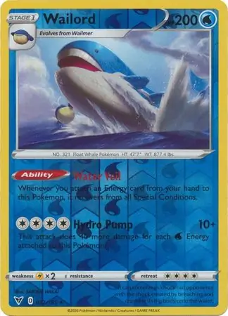 032/185 Wailord VIV Rare Holo Reverse Holo